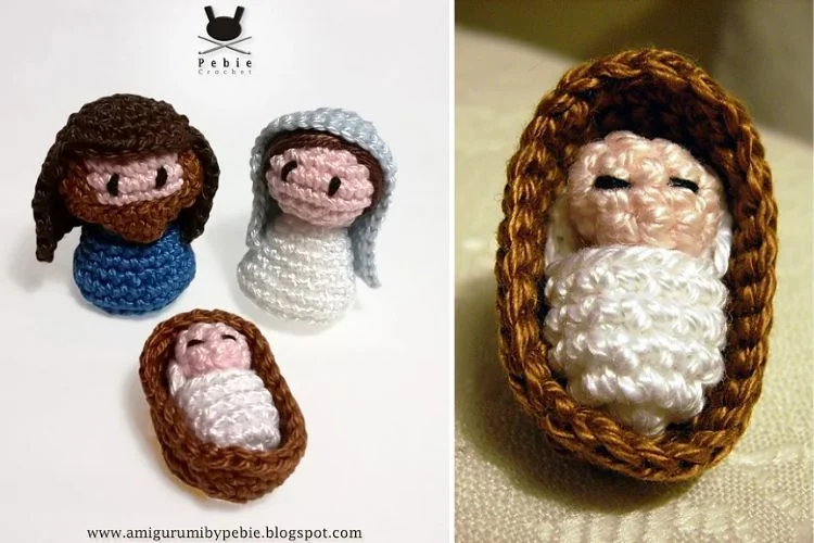 Crocheted nativity scene with jesus and baby jesus.