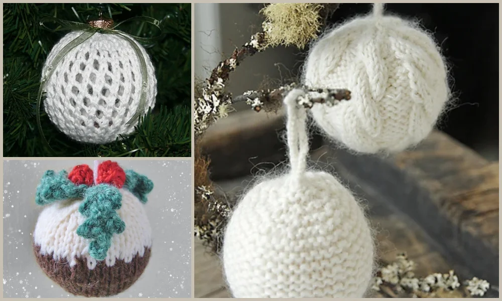 Four pictures of knitted ball ornaments hanging on a tree.