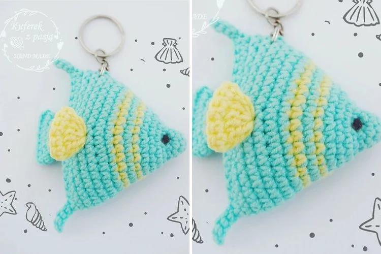 Two pictures of crocheted fish keychains.