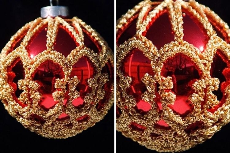 Two pictures of red and gold christmas ornaments.