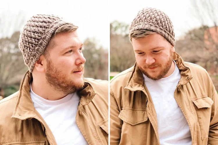 Two pictures of a man wearing a beanie.