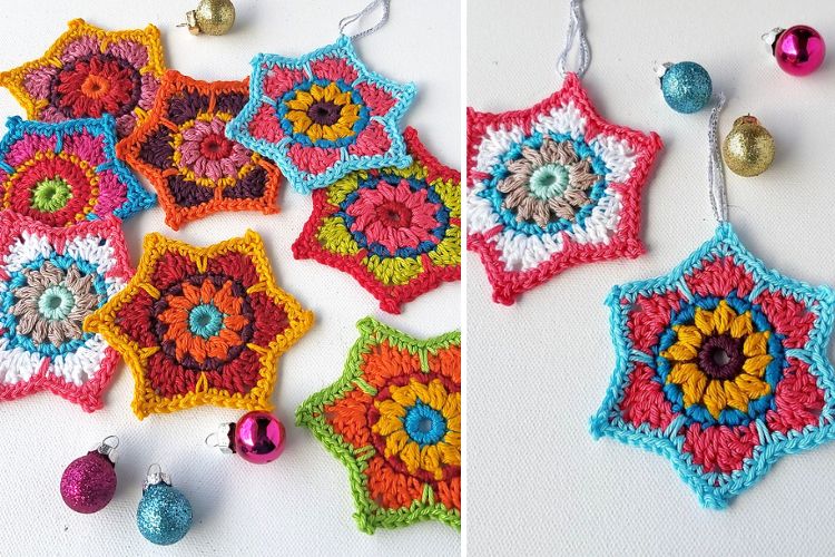 Crocheted christmas ornaments with colorful ornaments.