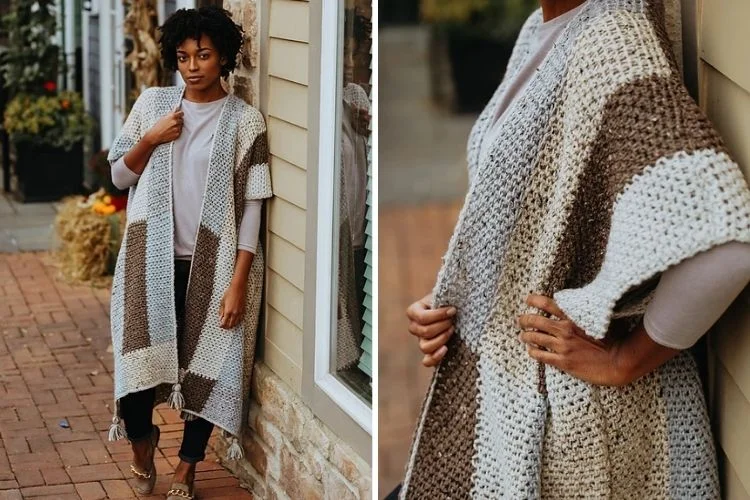 Two pictures of a woman wearing a knitted cardigan.