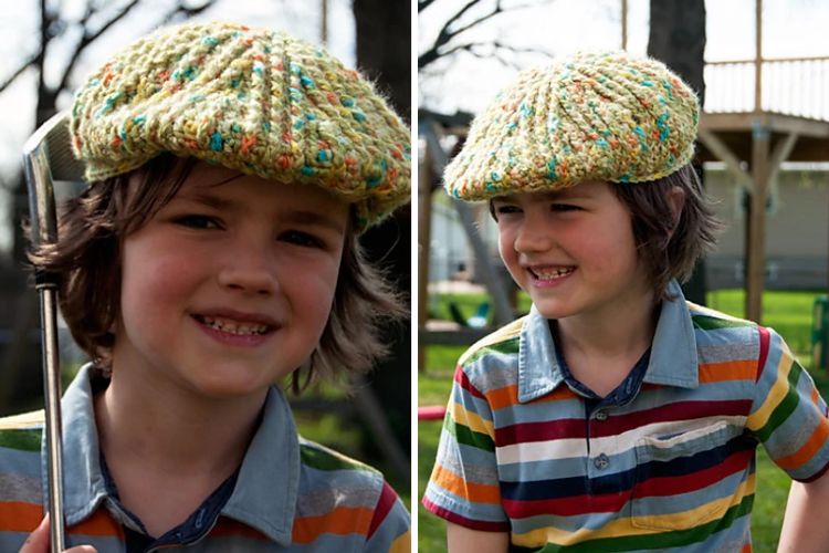 Two pictures of a young boy wearing a hat.