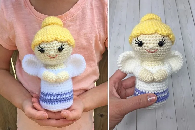 Two pictures of a crocheted angel doll.