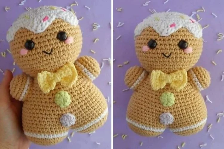 Two pictures of a crocheted gingerbread man.