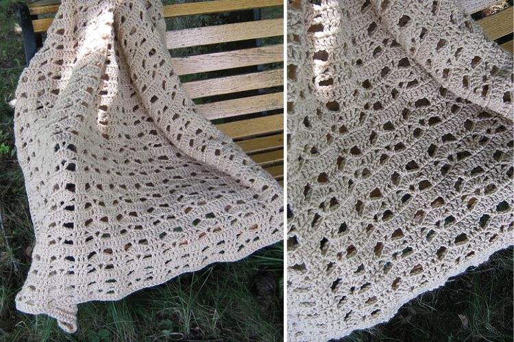 Two pictures of a crocheted blanket on a bench.