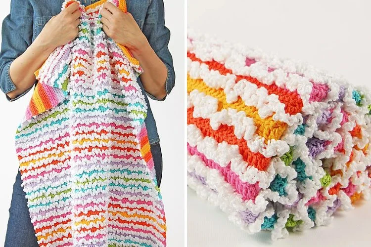 A woman is holding a colorful crocheted towel.