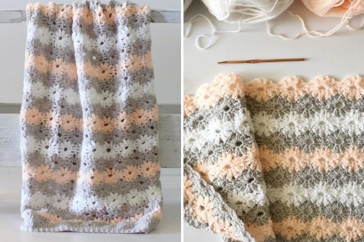 Two pictures of crocheted blankets with yarn and crochet hooks.