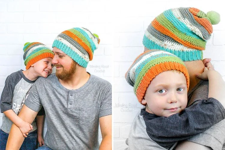 Two pictures of a man and his son wearing hats.