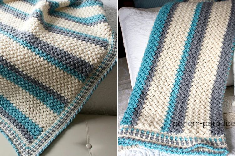 Two pictures of a crocheted afghan on a couch.