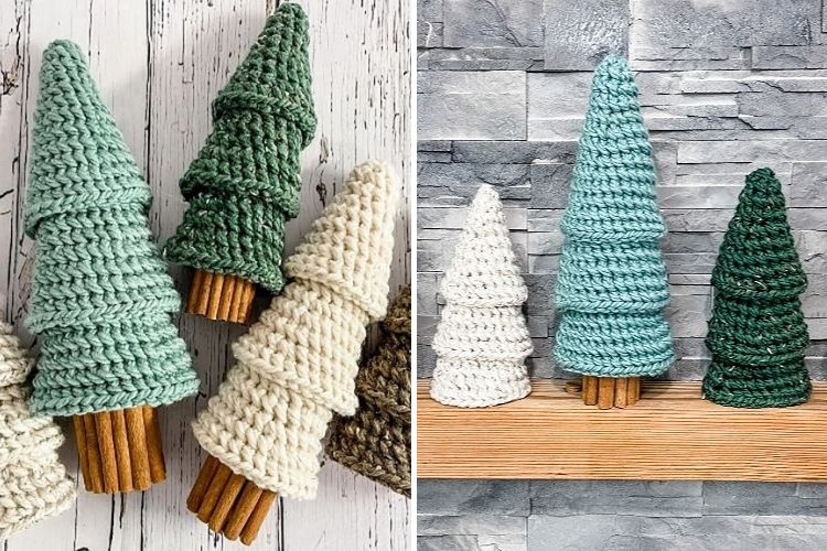 Three crocheted christmas trees on a mantle.