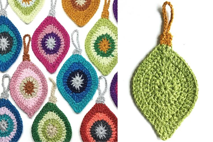 Crocheted leaf ornaments in different colors.