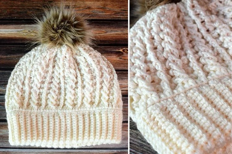 Two pictures of a knitted beanie with a fur pom.