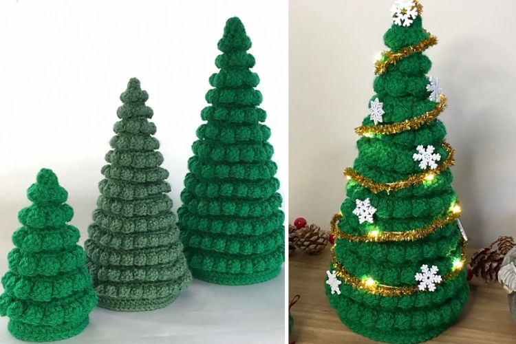 Two pictures of crocheted christmas trees.