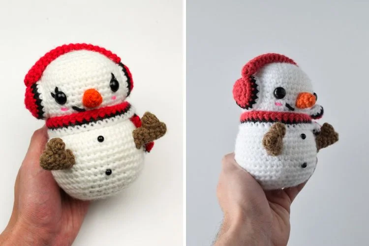 Two pictures of a crocheted snowman.