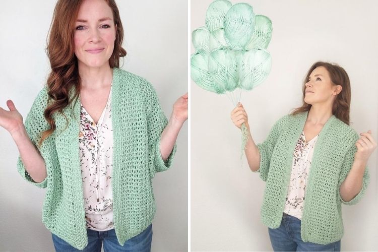 Two pictures of a woman wearing a green crochet cardigan.