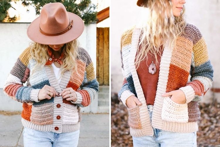 Two pictures of a woman wearing a sweater and hat.