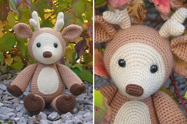 Two pictures of a crocheted deer stuffed animal.