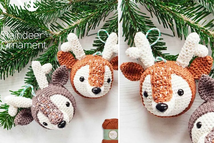 Two crocheted reindeer ornaments hanging on a christmas tree.