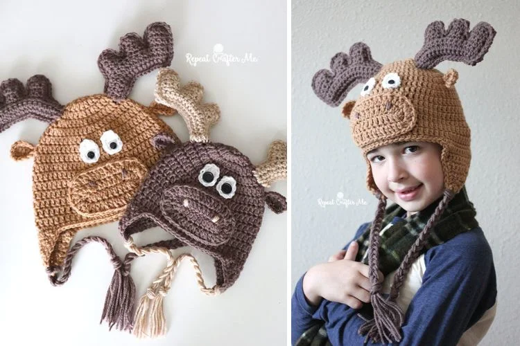 Two pictures of a child wearing a crocheted reindeer hat.