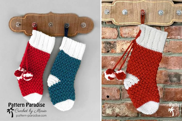 Two pictures of crocheted christmas stockings hanging on a wall.