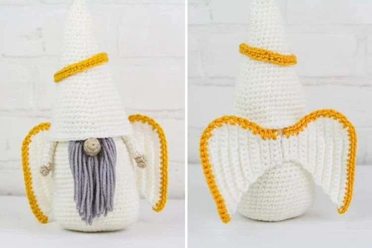 A crocheted gnome with a yellow hat and wings.