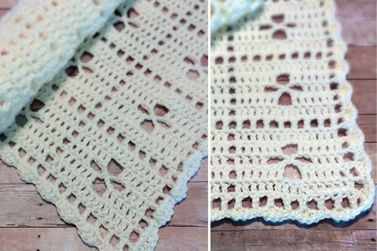 Two pictures of a crocheted afghan on a wooden table.