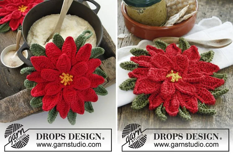 Two pictures of a crocheted poinsettia.