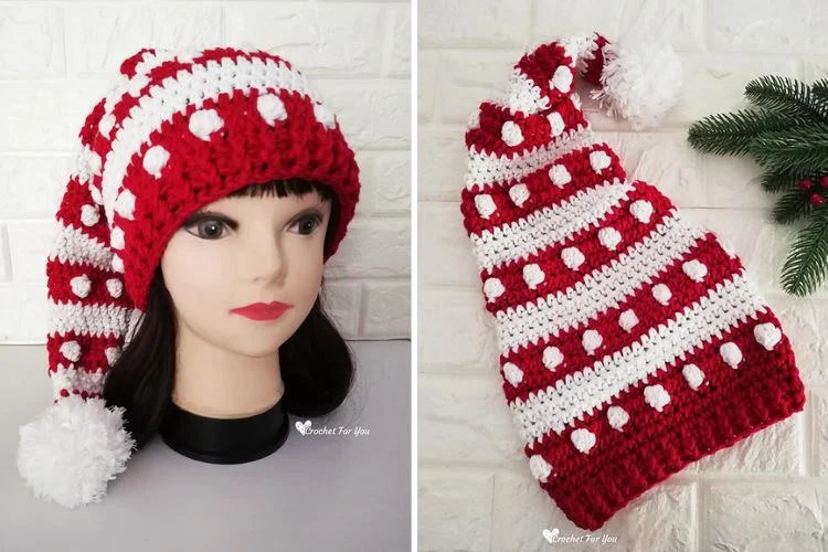 A mannequin wearing a crocheted santa hat.