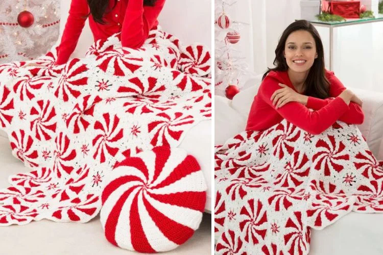 A woman is sitting on a couch with a crocheted candy cane afghan.