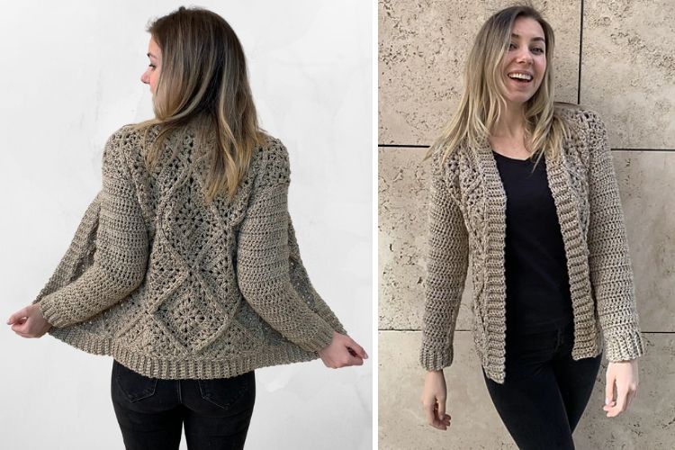 Two pictures of a woman wearing a knitted cardigan.