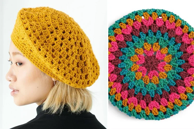 A woman wearing a colorful crocheted hat.