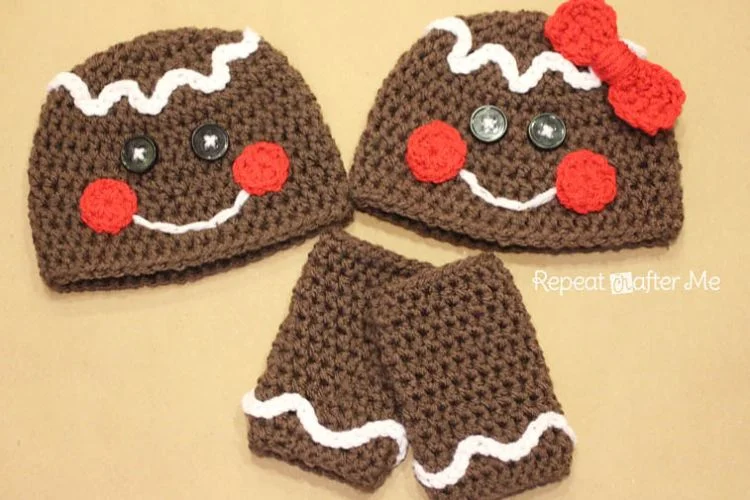 Two crocheted gingerbread hats and gloves.