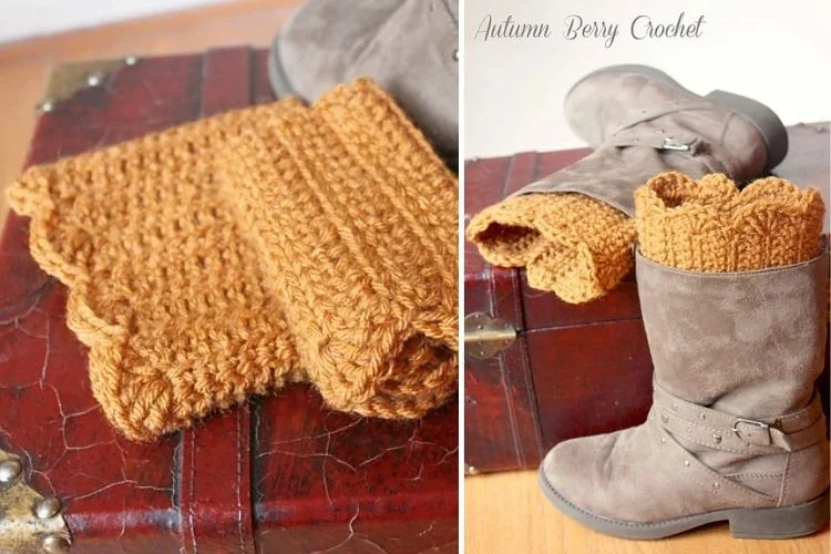 A pair of crocheted boot cuffs and a pair of boots.