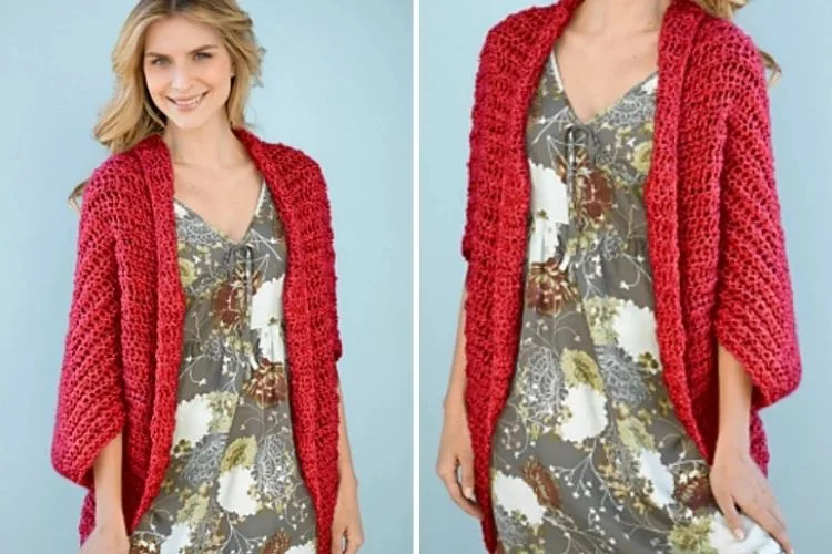 Two pictures of a woman wearing a red cardigan.