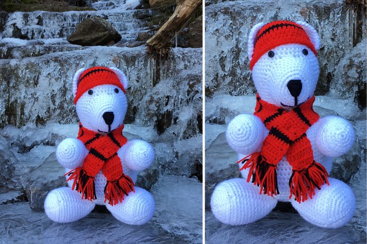 Two pictures of a crocheted teddy bear wearing a scarf and hat.