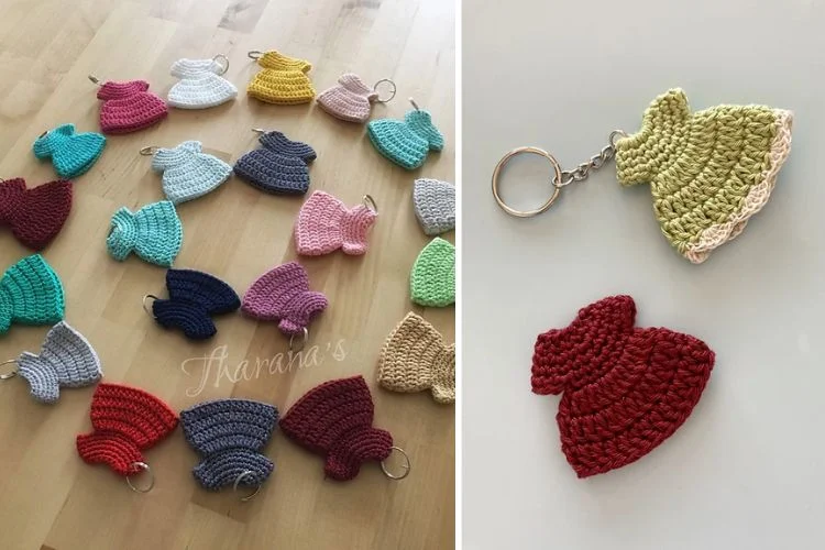 Crocheted keychains with different colors of crocheted hats.