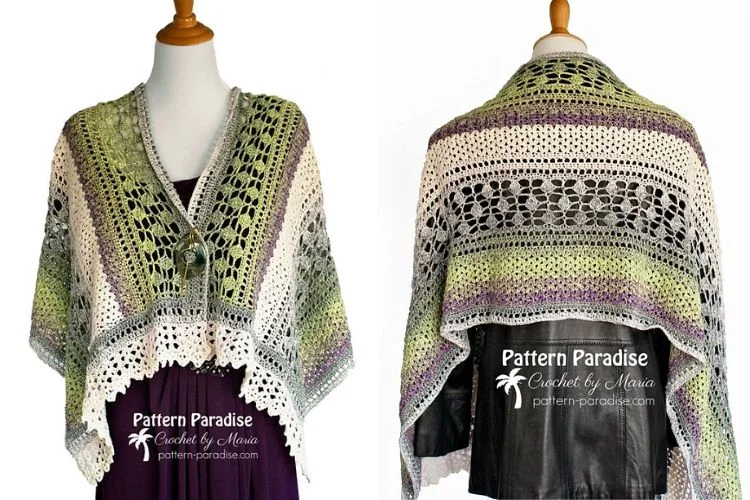 Two pictures of a crocheted shawl.