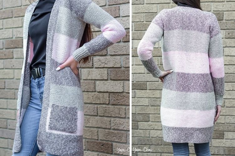 Two pictures of a woman wearing a pink and grey striped cardigan.