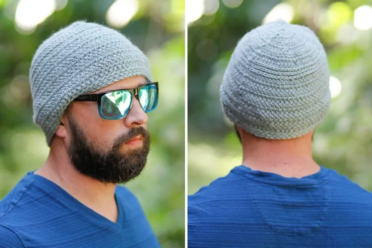 Two pictures of a man wearing a grey knitted beanie.