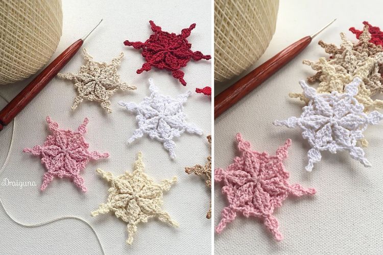 Crocheted snowflake ornaments with knitting needles and crochet hooks.