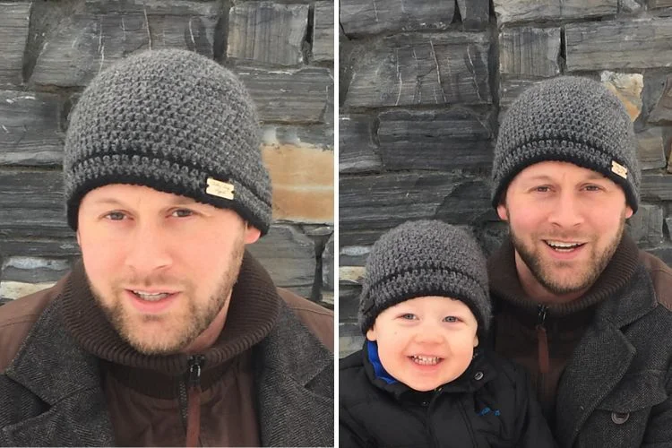 Two pictures of a man and a child wearing hats.