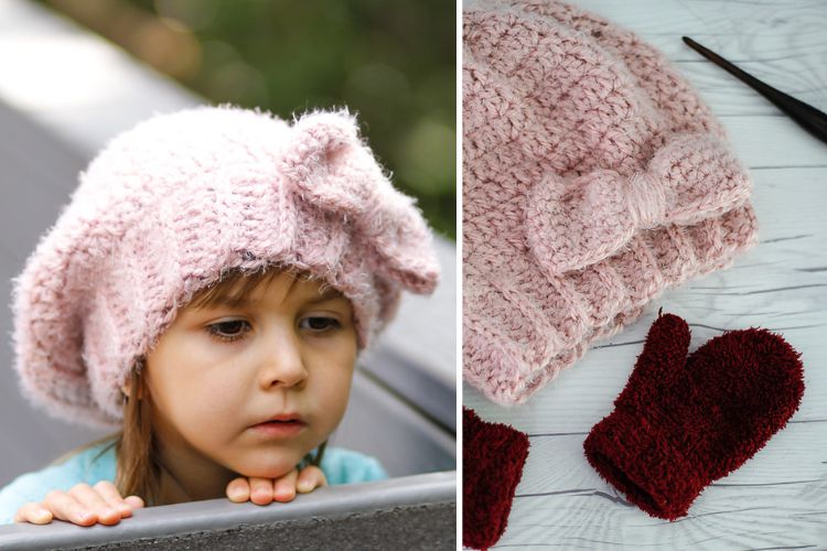 Two pictures of a little girl wearing a knitted hat and gloves.