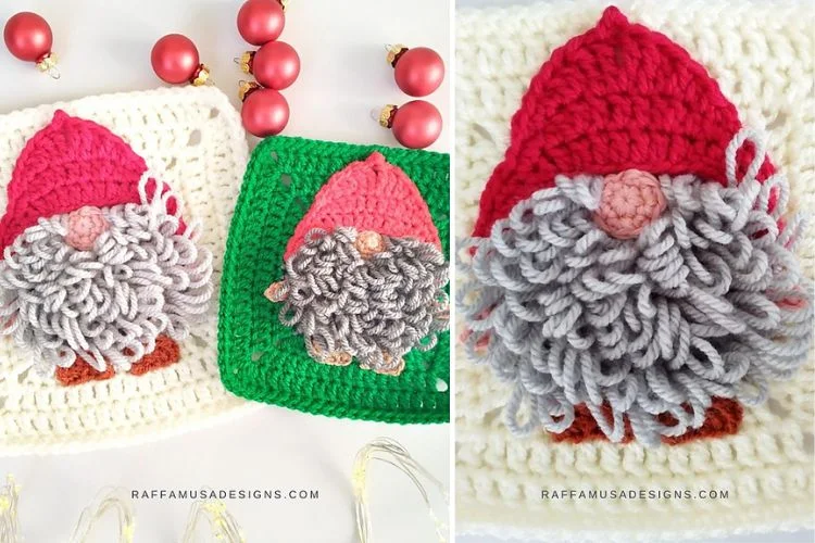 A crocheted gnome and christmas ornaments.