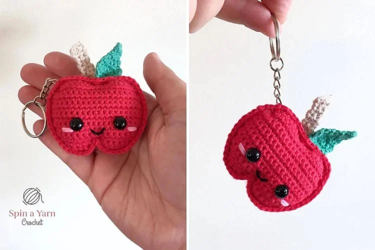 Two pictures of a crocheted apple keychain.