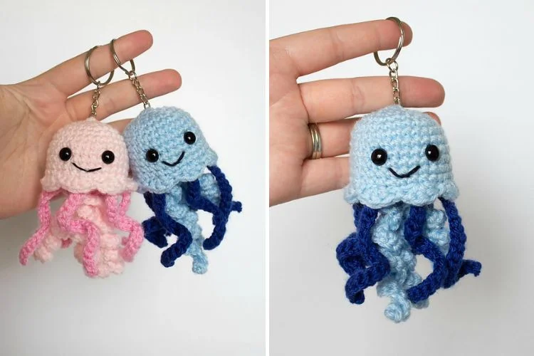 A pair of crocheted jellyfish keychains.