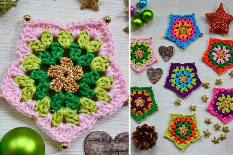 A set of crocheted ornaments in different colors.