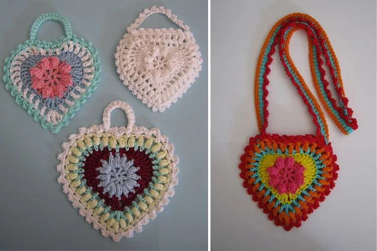 Two pictures of crocheted heart shaped bags.