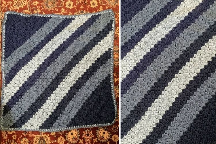 Two pictures of a crocheted afghan on a rug.